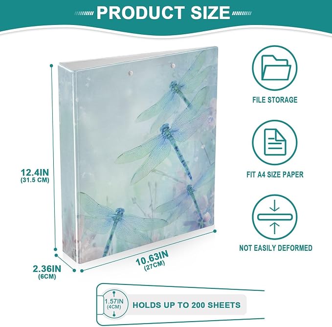 Blue and Teal Dragonfly Floral Binder 3 Ring 1.5 Inch Binder with Clipboard&Pockets, Hardcover Binders Heavy Duty Large File Folder for Office School Supplies - Holds 200 Sheets