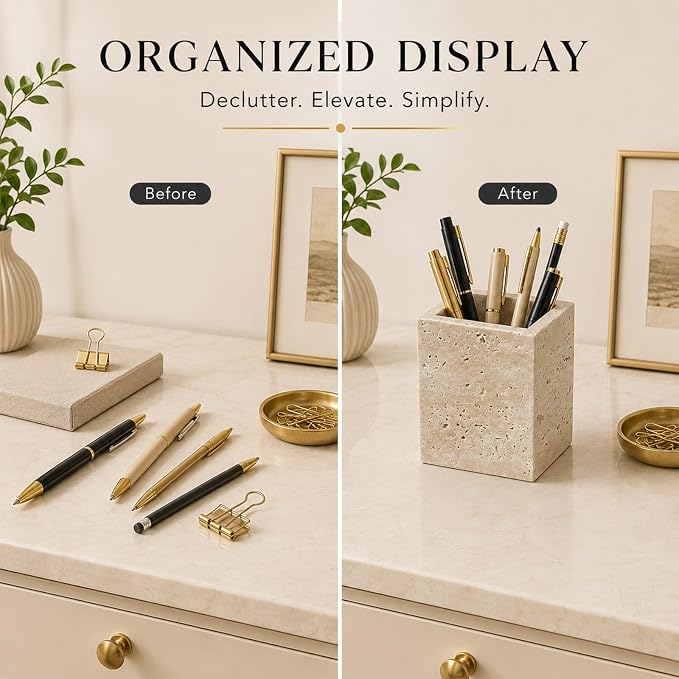 Natural Travertine Desk Organizer Pen Holder | Single Compartment Pencil Cup for Pens, Makeup Brushes, 3.15 x 3.15 x 3.94 in