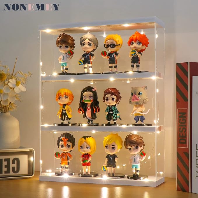 NONEMEY Clear Acrylic Display Case Stand 3 Tier Storage Box Wall Mount Showcase Dustproof Organizer Box for Collectibles (White 3Tier 12×3.3×15inch)
