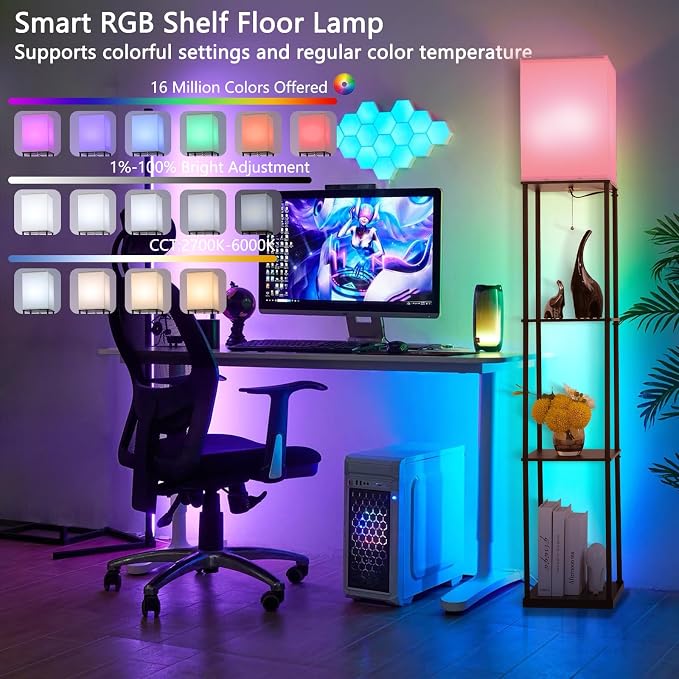 Gupuzm Floor Lamp with Shelves, with Modern Square Standing Lamp with Smart APP Control RGB Bulb, Corner Display Bookshelf Lamp for Living Room, Bedroom and Office(brown-9RGB)