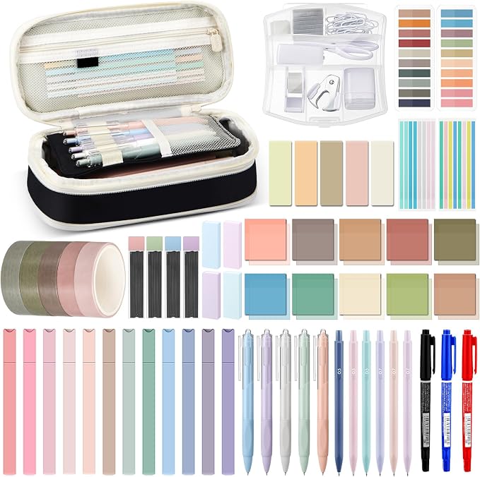 Sinload 60 Pcs Aesthetic Book Annotation Kit School Supplies Cute Pencil Case Mini Stapler Set 12 Highlighter 5 Gel Pen 6 Pencil 5 Magnetic Bookmark 1220 Sticky Note Student Stationary(Black)