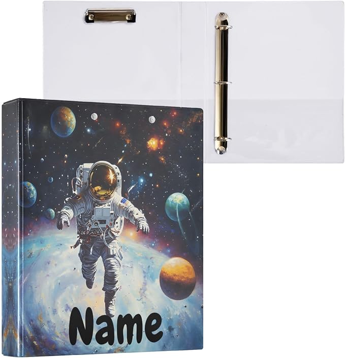 Custom 3 Ring Binder Astronaut in Space Planet 1.5" Round Ring Binders Personalized Name View Binder with 200 Sheet for Kids School Supplies Women Men Office, 1 Pack