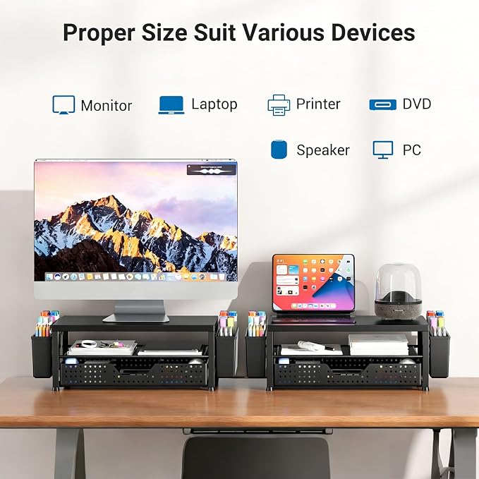 Monitor Riser, Laptop Stand for Desk, Office Desk Organizer and Accessories, Computer Monitor Stand, Desktop Shelf with Drawer and Pen Holder, Printer Stand for Home, Office, Dorm (Black)