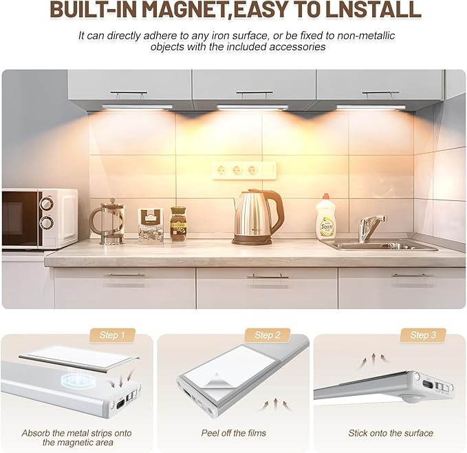 14 inch Under Cabinet Lighting, 6 Pack Motion Sensor Light Indoor Rechargeable Magnetic Closet Lights Battery Operated, Under Counter Lights for Kitchen, Wardrobe, Hallway, Stairs Warm White Light