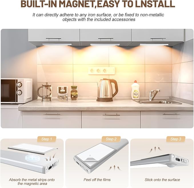 16 inch Under Cabinet Lighting, 6 Pack Motion Sensor Light Indoor Rechargeable Magnetic Closet Lights Battery Operated, Under Counter Lights for Kitchen, Wardrobe, Hallway, Stairs Warm White Light