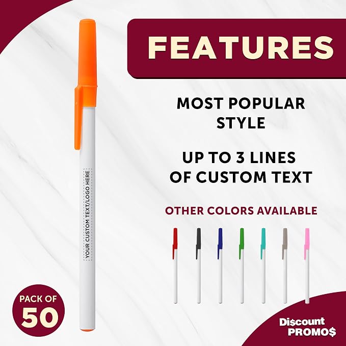 DISCOUNT PROMOS Custom Value Stick Pens Set of 50, Personalized Bulk Pack - Black Ink, Great for Office, School, Business, Tradeshows, Events - Orange