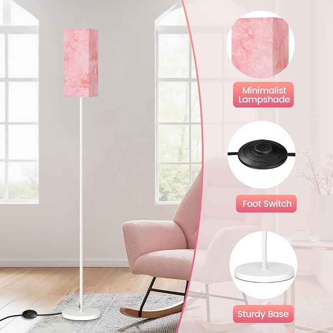 Floor Lamp, Pole Lamp with Foot Switch, Modern Standing Lamp, Minimalist Freestanding Lamp (Bulb Not Included), for Living Room, Bedroom Office ETL Listed, White and Sakura Pink WCP07LD05