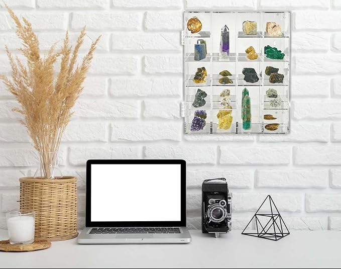 Adjustable Acrylic Rock Display Case Shadow Box with Shelves | Clear Storage Organizer for Mini Pop Figure, Collectibles, Mineral Crystal, Stones, Wall Mountable, with Mirrored & Lid