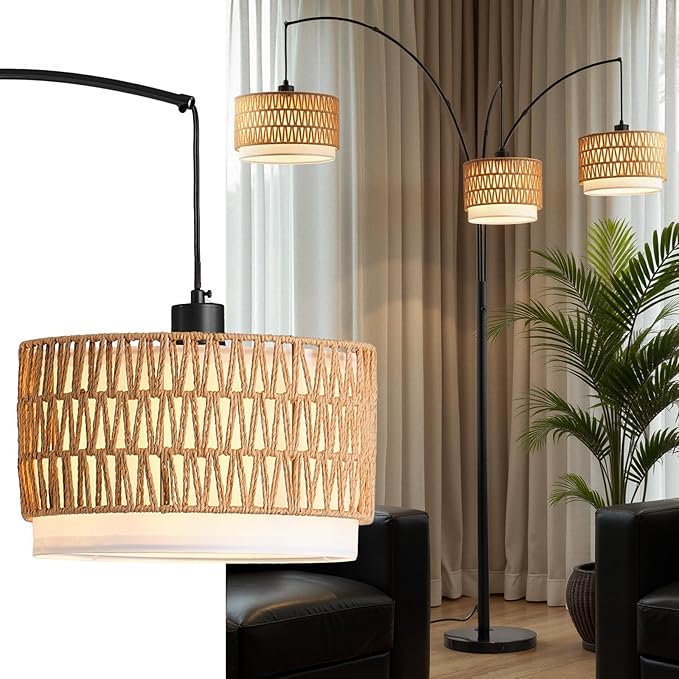 80'' Rattan Arc Floor Lamp for Living Room, 3-Light Boho Tree Tall Lamp | Heavy Natural Marble Base, 1/2/3-Light Rotary Switch,Double-layer Wicker/Fabric Shades for Reading Corners,8 ft+ Ceilings