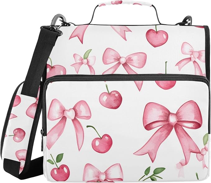 Pink Bow Cherry 3 Ring Zipper Binder Bag Binder Organizer with Handle Shoulder Strap for School Work Office Supplies