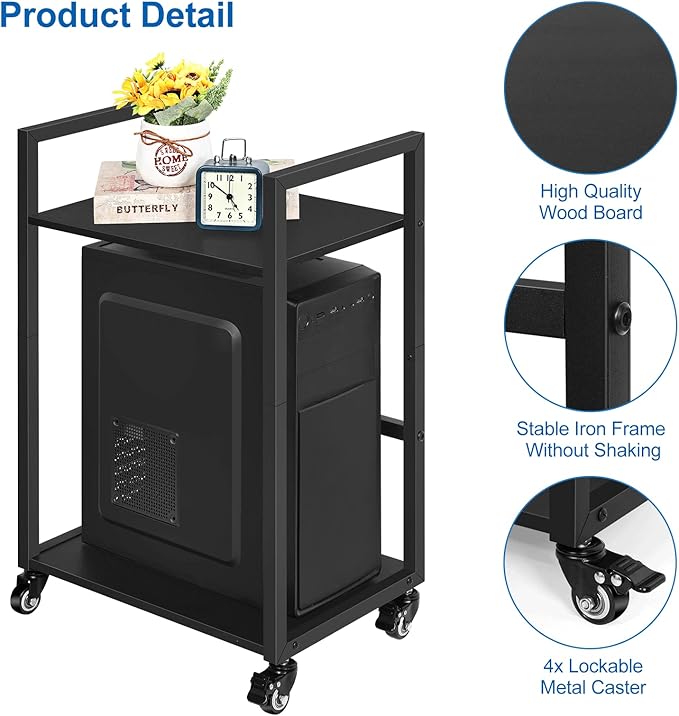 SEHERTIWY 2 Tier Computer Tower Stand, Black CPU Holder Cart with Rolling Caster Wheels, Mobile PC Tower Stand for Office Home Studio