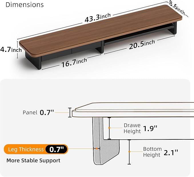 AFOOYO Large Dual Monitor Stand For Desk,43 Inch Desktop Computer Riser with Metal Drawer Desk Shelf Organizer For Computer/Laptop/PC/Printer/TV