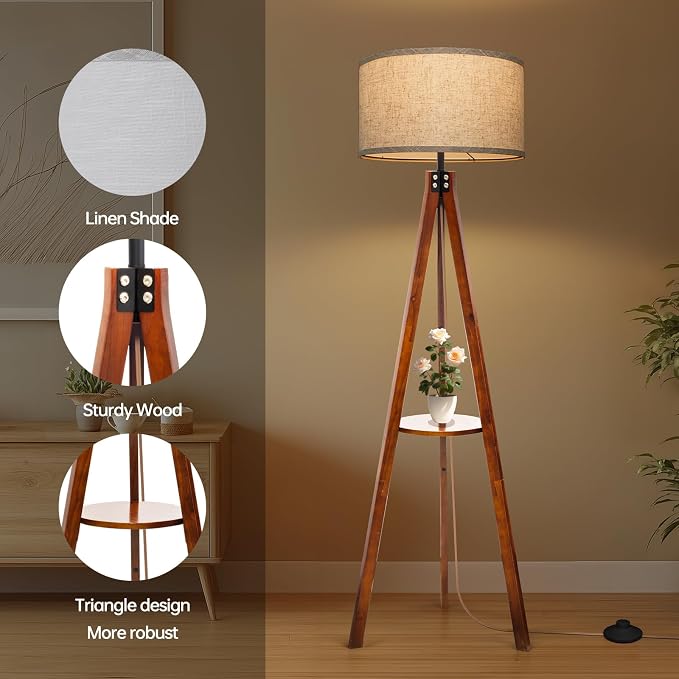 EOEYYOYB Floor Lamps with Shelf, Modern Standing Lamp with 3 Color Temperature Led Bulb, Tall Lamps with Foot Switch for Living Room Bedroom and Office, Walnut