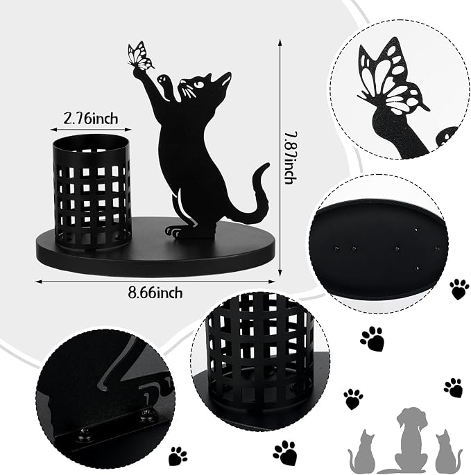 Tandefio Cat Pen Holder for Desk Cute Black Pencil Holder Metal Desk Accessories Organizer Makeup Brush Pen Cups for Back to School Stationery Office Home Decor Table Centerpiece Lover Gifts Women