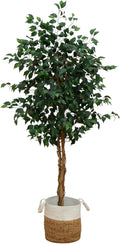 Nearly Natural 6 ft. Triple Trunk Ficus Artificial Tree with Jute Pot | Lifelike Green Foliage, Woven Cotton Basket, Maintenance-Free, Great for Entryways or Offices