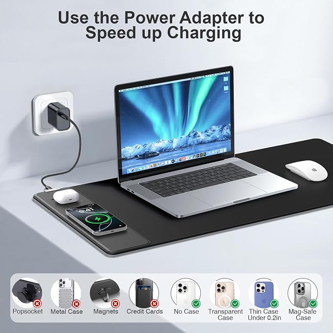 Magnetic Wireless Charging Mouse Pad, 31.5"x15.8", with 20W Adapter, Black | Large Gaming Desk Mat for Keyboard/Laptop, Non-Slip Base, Waterproof Ultra-Smooth Surface Mousepad for Gamer, Office & Home