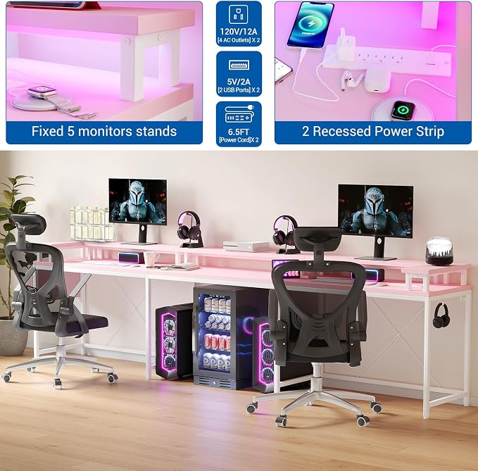 Reversible u Shaped to l Shaped Computer Desk with RGB Lighting & Charging Station, 79 Inch Home Office Workstation with Full Monitor Stand, Heavy Duty Gaming Desk Supporting 600LBS, Multiple Color Op