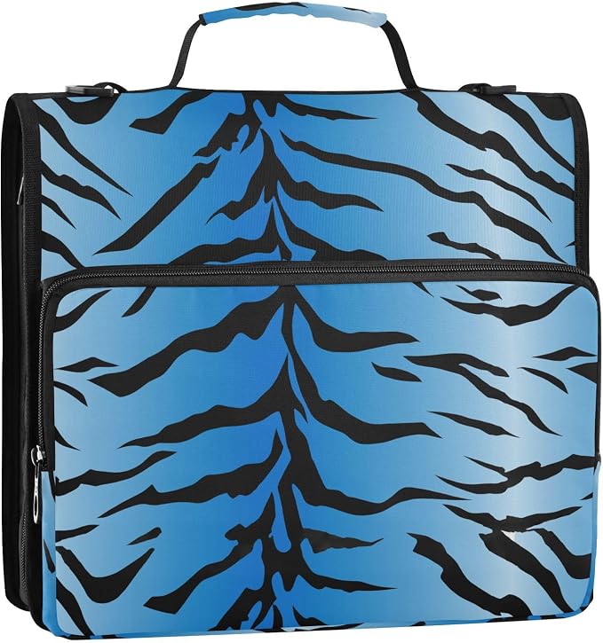 3 D-Ring Zipper Binder Bag, Blue Tiger Black Stripes Pattern Removable Binder with Zipper Case Hold 300+ Sheets& 13 Inch Laptop for School Office Supplies Organizer