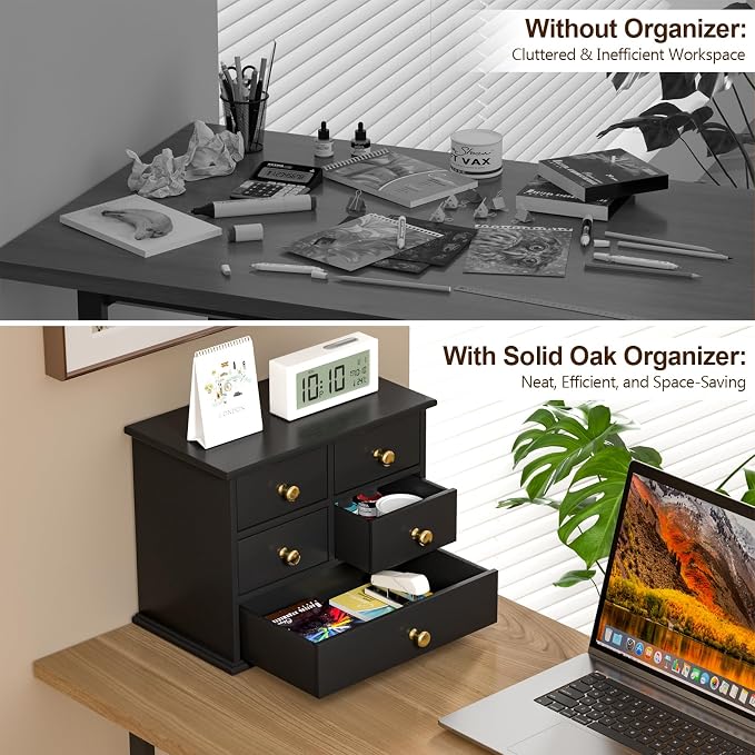 Oak Desk Organizer with Drawers, Durable Wooden Desktop Storage Box | 4 Drawer Tabletop Organizer with Metal Handles & Non-Slip Pads for Office, Bedroom, Bathroom, Vanity & Makeup Storage, Black