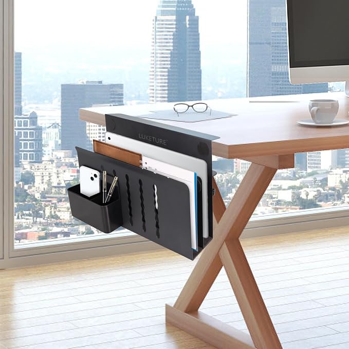 LUKETURE 2 Tier Desk Side Storage, No Drill Laptop Mount with Pen Holder | Fits Flat Edge Desks 0.3 to 2.8 Inches,Secure Grip on Wood, Glass, or Metal Surfaces Without Slipping