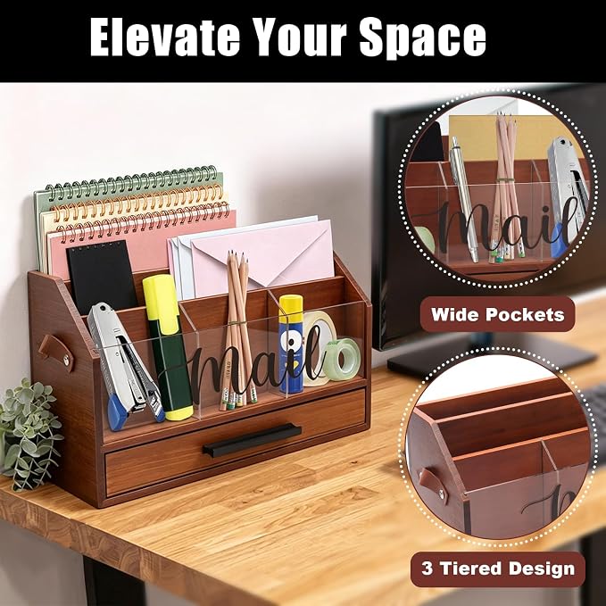 Wood Desk Organizer with Drawer, Bill Mail Organizer Countertop Workspace Organizers for Office Supplies Desk Organization Letter Holder