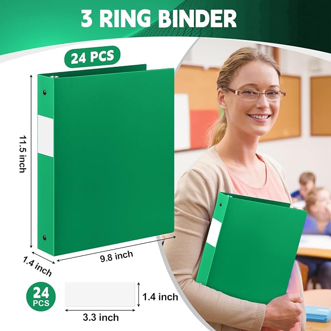 Henoyso 24 Pack 1 Inch 3 Ring Plastic Binders, Bulk Flexible PP Binders for Classroom & School Supplies, Letter Size 8.5 x 11, Holds 240 Sheets with Interior Pocket (Green)