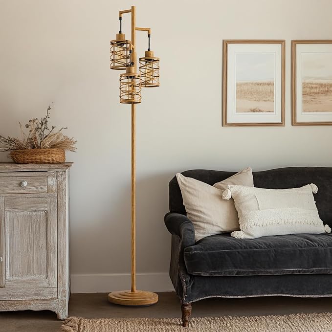 70" Industrial Floor Lamp, Stepless Dimmable Standing Lamp with 3 Bulbs, Farmhouse Corner Standing Tree Lamp for Living Room, Tall Lamps for Bedroom, Office, Study Room, Dining Room, Wood Grain