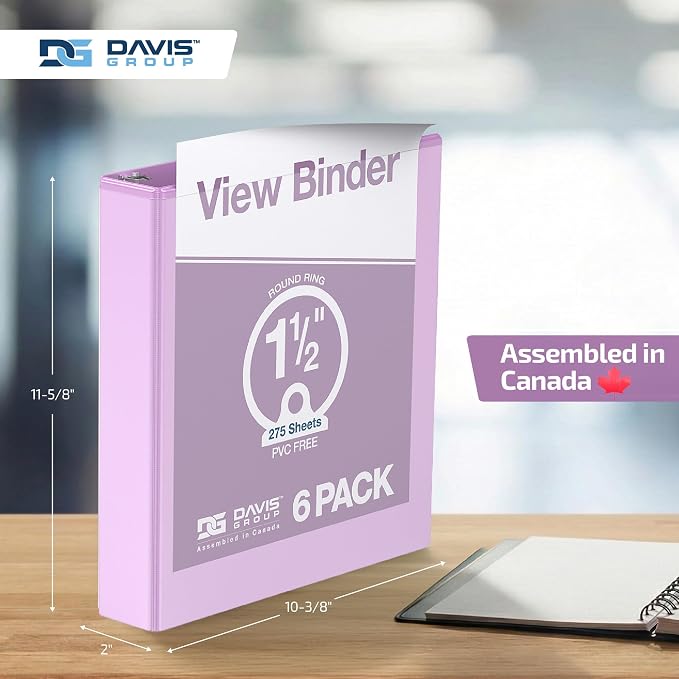 Pack of 6 Premium View Binders, Ring Binders with Clear-View Cover and Interior Pockets, Pastel Color Options, 1.5 Inch, Lavender