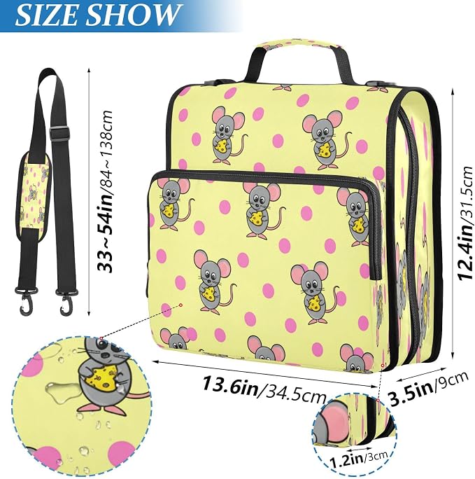 ATTX Cute Mouse Zipper Binder with Adjustable Padded Strap - 3 Ring 500 Sheet Capacity Binder Bag with Multi-Pocket Organizer, Fits 12 Inch Laptop