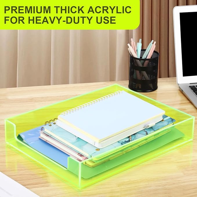 Paper Tray Acrylic File Organizer for Desk Letter Tray Desk Organizer Document Holder Sorter Storage for A4 Office Supplies Magazines, 13.8x10.6x2.4 Inches, Neon Green