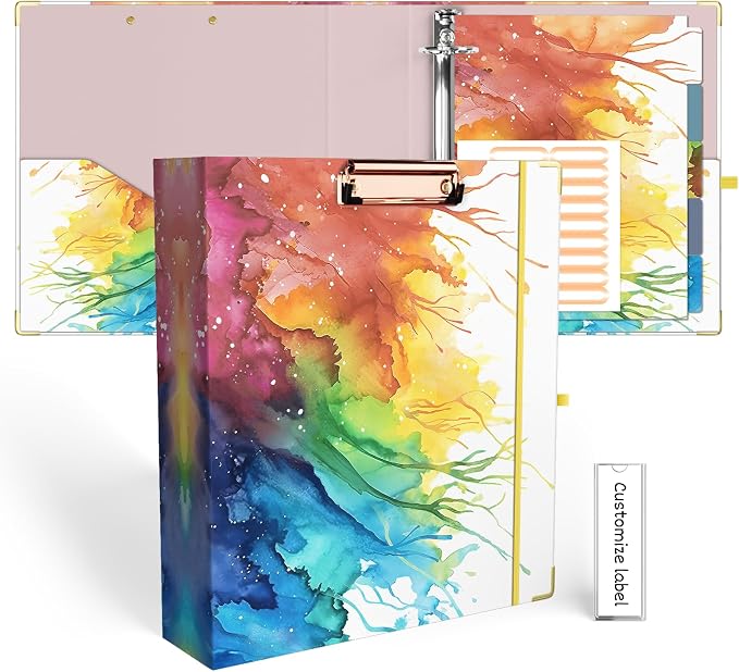 EYROZILL 3 Ring Binder 2 Inch with clipboard for Letter-Size 11" x 8.5" Three Ring Binder with 5-Tab Dividers and File Folder Labels for School Class Office Supplies, Rainbow