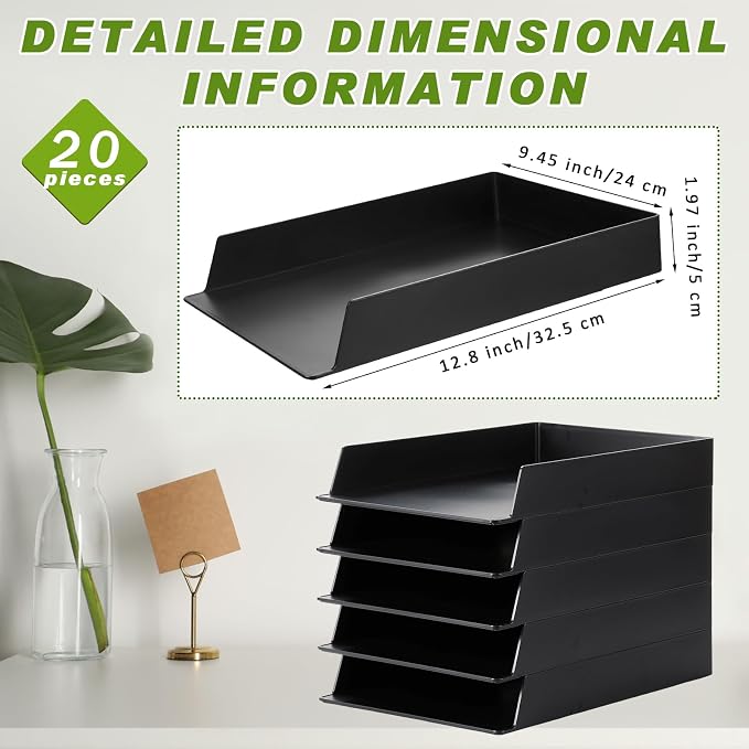 20 Pcs Stackable Paper Trays Rectangular Plastic Desk Holder Desktop Document File Organizer Storage Letter for Back to School Office Classroom (Black)