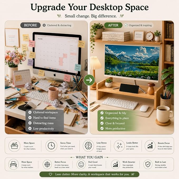 Bamboo Monitor Stand for Desk, 3-Level Adjustable Monitor Riser, Wooden Desktop Shelf Organizer, Portable and adjustable Laptop Stand for Desk, Macbook stand and Computer Tower Stand, TV Riser Printer Stand, Space Saving Desk Shelf