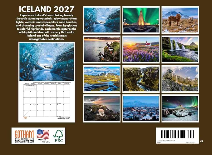 Iceland Calendar 2027 Icelandic Gifts Monthly Wall Calender 12 Month