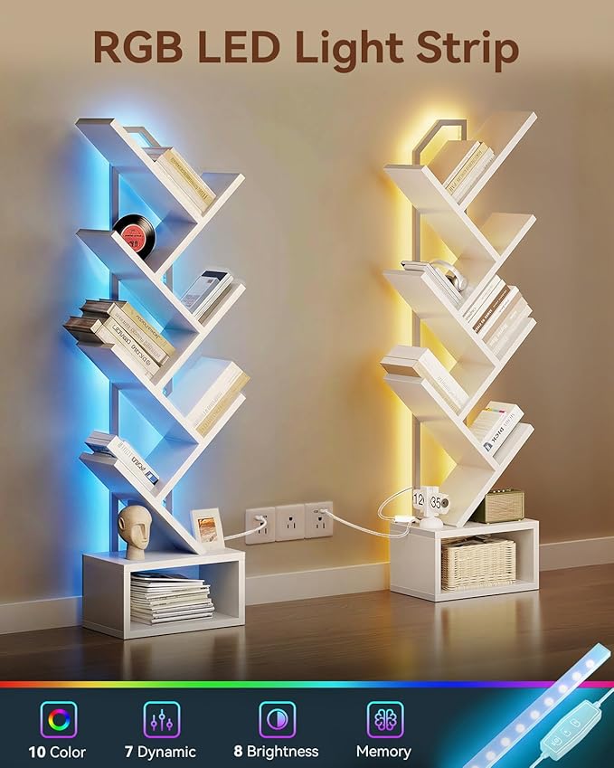 Casaottima Tree Bookshelf with LED Lights, 6-Tier Small Bookshelf, White | Narrow Bookcase for Small Spaces, Steel & Wood Storage Shelf with Cabinet, Home Organizer for Living Room, Bedroom, Office