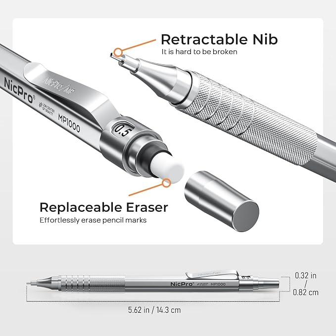 Nicpro 45PCS Black & Silver Metal Mechanical Pencil Set in Leather Case, Art Drafting Pencil 0.5, 0.7, 0.9 mm, 2mm Lead Holders for Sketching Drawing With 27 Tube (6B 4B 2B HB 2H 4H Colors)Lead Refill