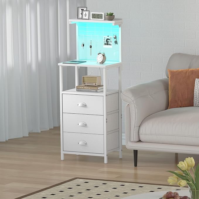 sthmec Bedside Tall Nightstands with Charging Station, LED Bedside Table for Bedroom - 3 PU Fabric Drawers, Hooks, USB/Type-C Ports & Open Bedside Shelves, White