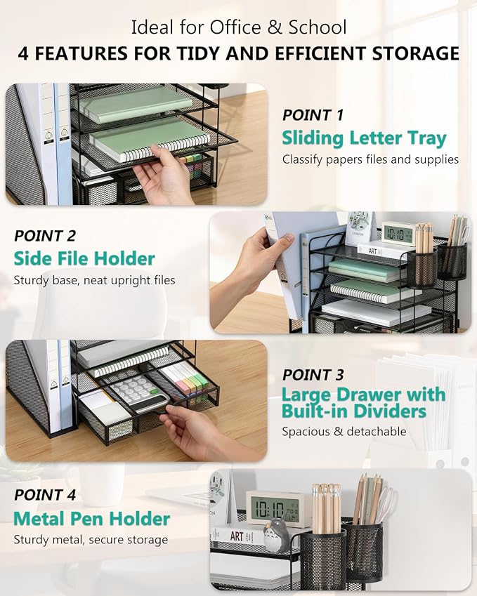 WALI Desk File Organizer, 5 Tier Desktop Paper Letter Tray Organizer with Drawer and 2 Pen Holders, Office Desk Accessories & Workspace Organizers for Office, Home Supplies(DO006DH-B), 1 Pack, Black