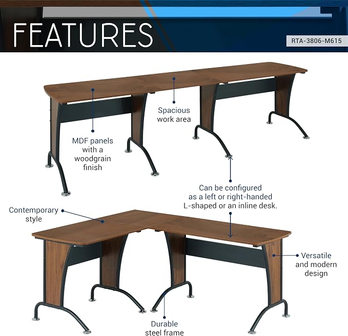 Techni Mobili Multi Configuration Desk, Reversible L-Shaped/Inline, Walnut | Corner Desk, Left/Right, Steel Frame, Spacious Work Area, Ideal for home office, Workspace organization