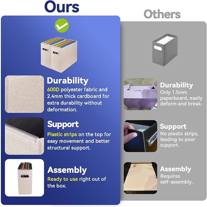 6 Pack Letter Size File Storage Box Collapsible，Fabric Hanging File Folders Organizer, Portable Office Document Holder with Metal Handle, Smooth PVC Rails, Beige