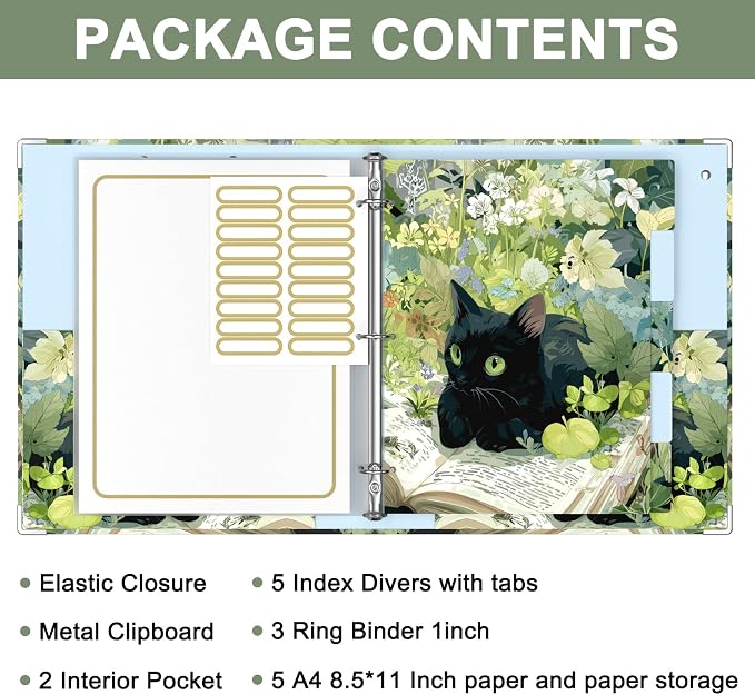 Rouidr Mini 3 Ring Binder with clipboard, 1 inch Round Binder Organizer, 8.5"x5.5" Cute Binder with 5 Dividers Tabs & Clear Sleeves, School Supplies, Office Supplies