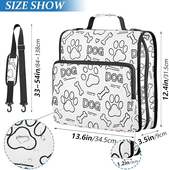 Dog Paw Print Bones 3 Ring Binder Bag 1.5 inch Binder Organizer with Zipper Shoulder Strap 500 Sheet Documents Storage for School Office