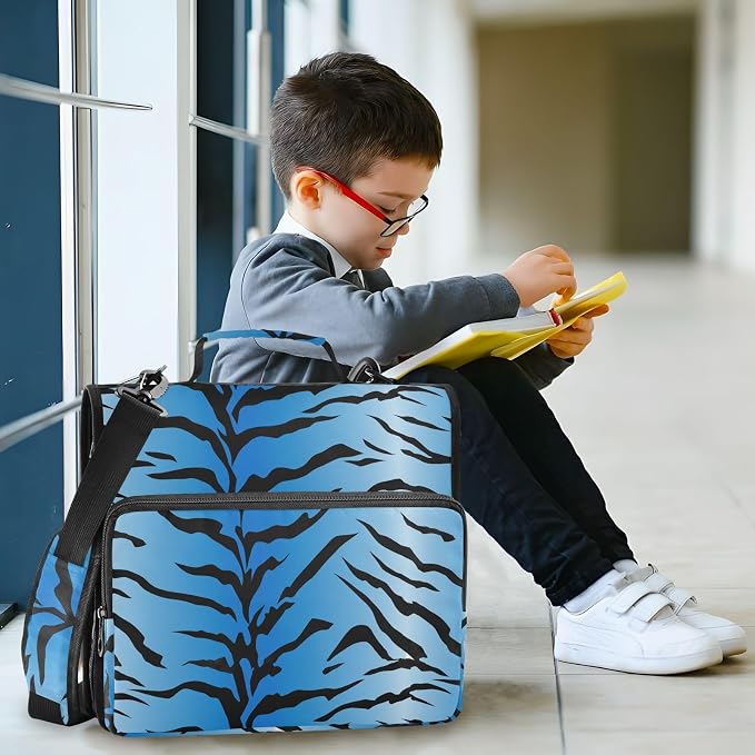 3 D-Ring Zipper Binder Bag, Blue Tiger Stripes Black Pattern Removable Binder with Zipper Case Hold 300+ Sheets& 13 Inch Laptop for School Office Supplies Organizer