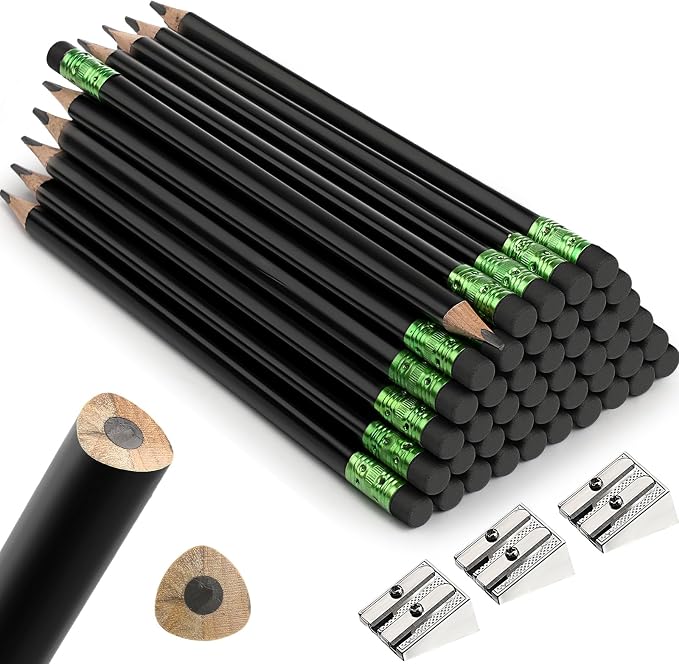 Fainne 48 Pcs Large Pencils 3 Sharpeners,Black,Triangle