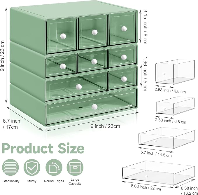 Desk Organizer with 9 Drawers, 4 Tiers Stackable Storage Drawers, Desktop Storage Box with Clear Drawers for Stationery, Makeup, Jewelry, Office and Craft Supplies (Green)
