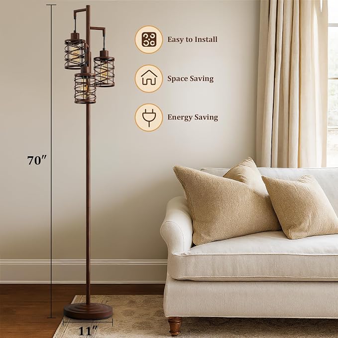 70" Industrial Floor Lamp, Stepless Dimmable Standing Lamp with 3 Bulbs, Farmhouse Corner Standing Tree Lamp for Living Room, Tall Lamps for Bedroom, Office, Study Room, Dining Room
