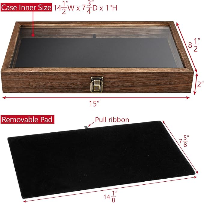 MOOCA Wood Jewelry Display Case with Tempered Glass Top, Black Velvet Pad | Wood display case with a glass top and removable black velvet pad accommodates taller jewelry and collectibles.