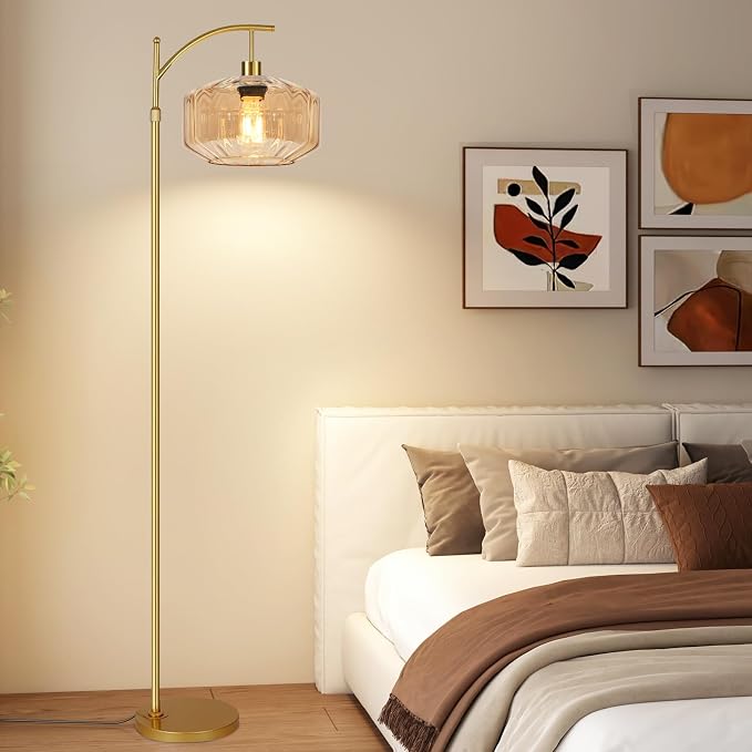 Vintage Floor Lamps for Living Room Glass Floor Lamp with Remote Control,Dimmable Floor Lamp Gold Mid Century Modern Standing Lamp 3 Color Temperature Brass Tall Floor Lamps for Bedroom Corner