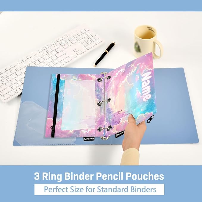 Custom Princess Castle Pink Sky Pencil Pouch for 3 Ring Binder, 2 Pack Personalized Name Waterproof Pencil Bags Clear Window Pencil Case School Office Supplies
