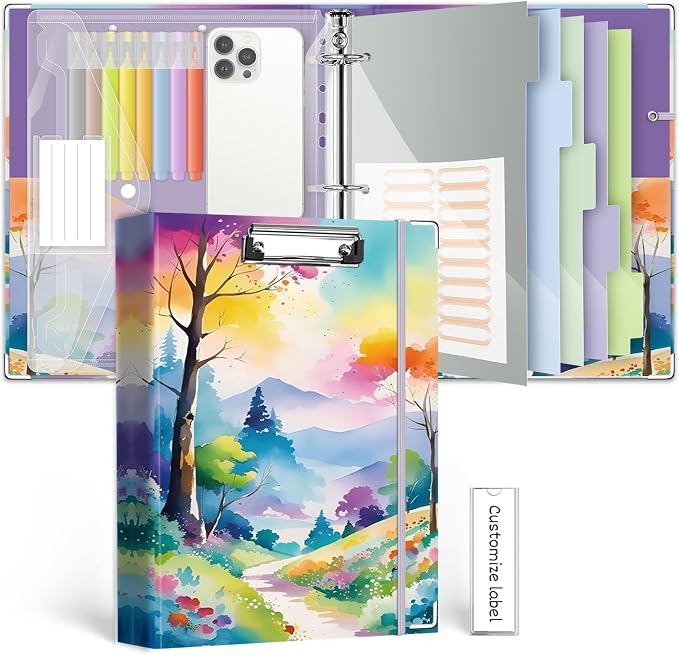 3 Ring 1 Inch Binder Organizer, BVSSX Three Ring Binders with Clipboard, 5-Tabs Pockets Dividers, Plastic Folder, 18 Divider Stikers,Pen Loop (Rainbow Trail, Letter Size)